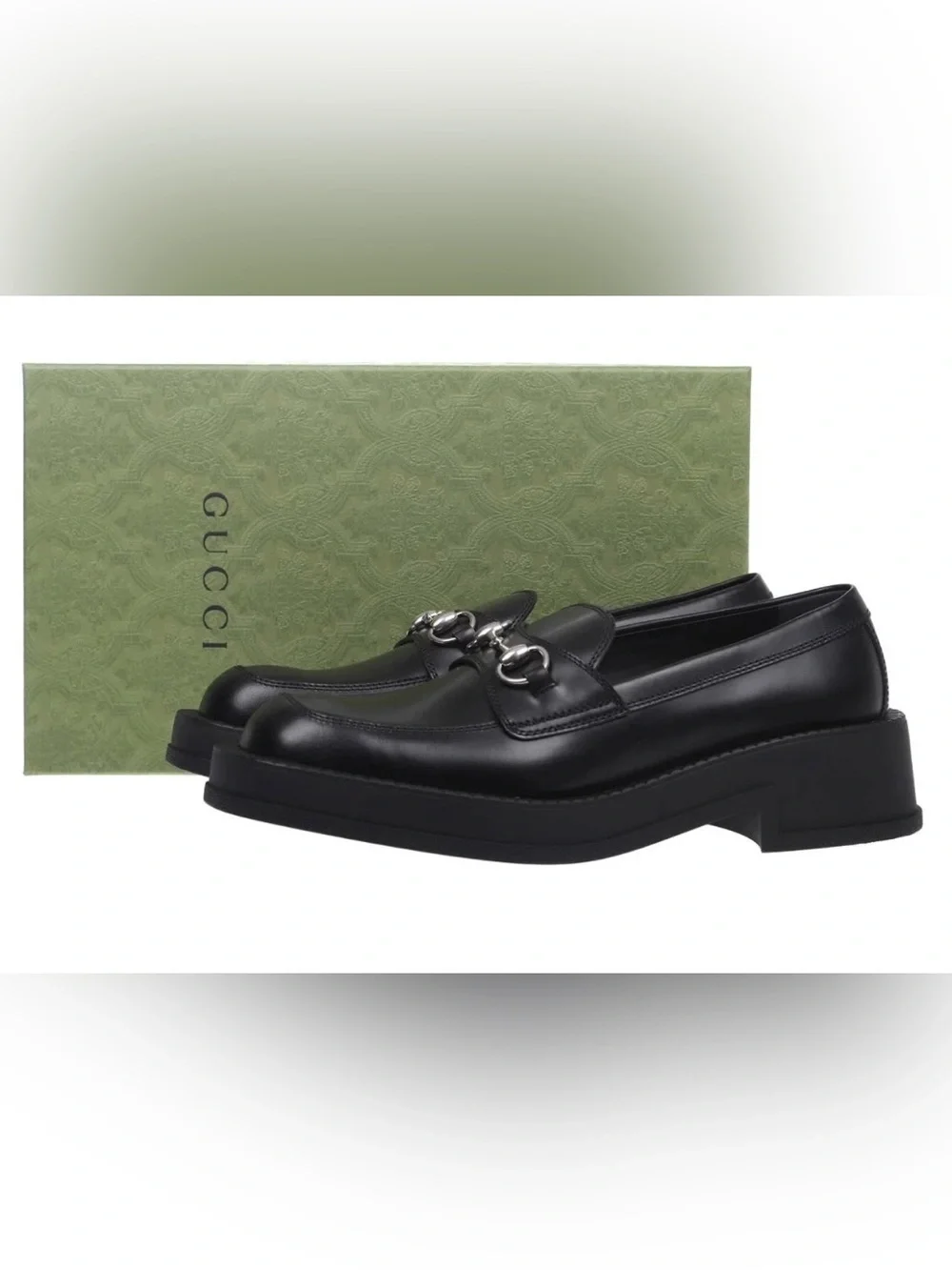 Gucci Black Leather Horsebit Lug Sole Loafers